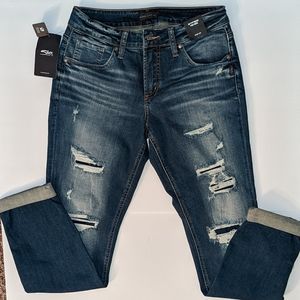 NWT Silver Jeans Boyfriend Style Dark Wash Distressed Denim! W28/L29